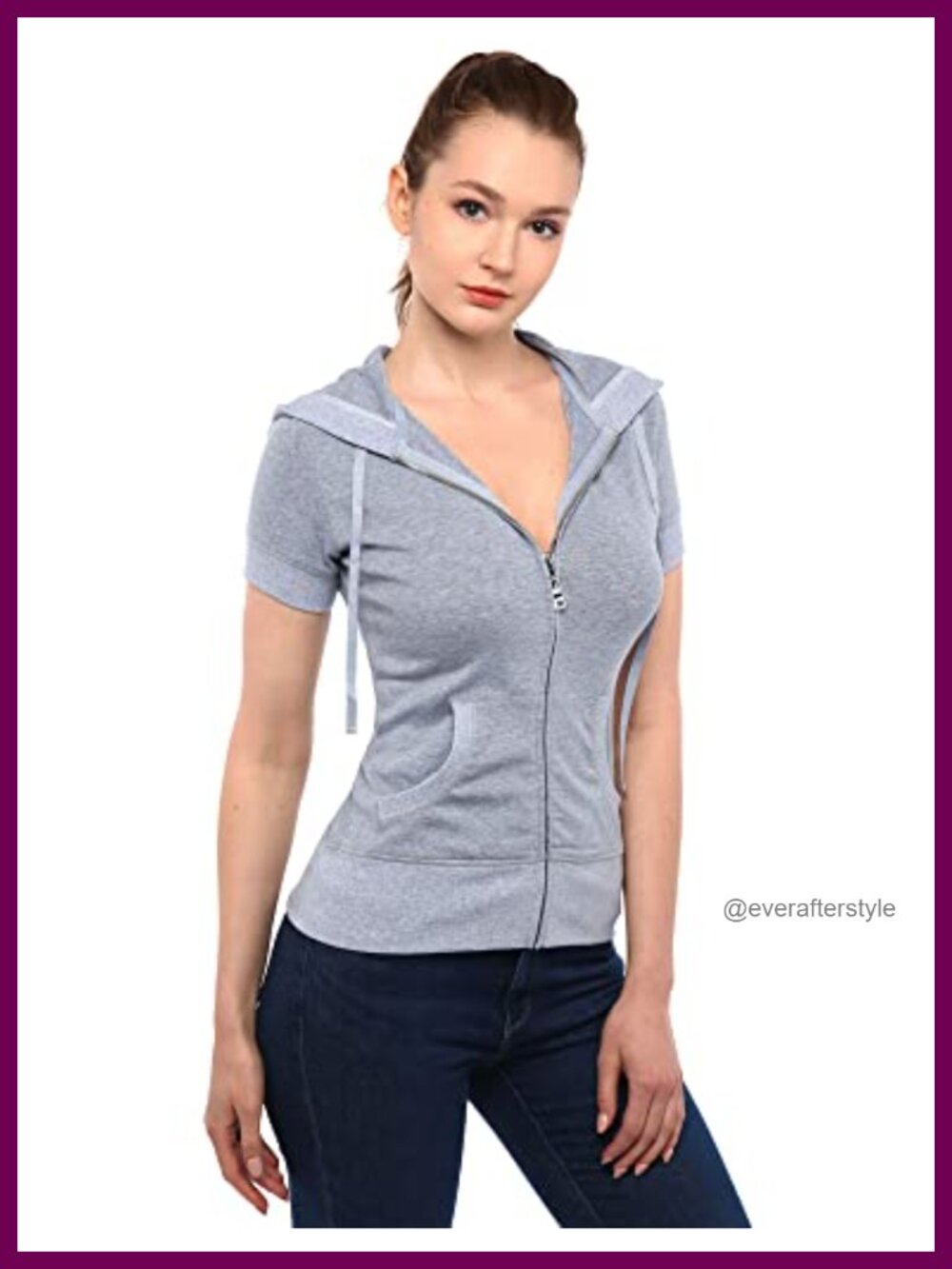 Women Cotton Blend Hoodie Zip Up Kangaroo Pocket Short Sleeve Jacket